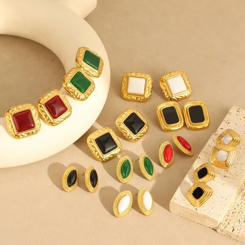 Vintage Edelstahl Geometrische Ohrstecker Damen Vergoldet Imitation Achat Harz Französischer Stil Schmuck