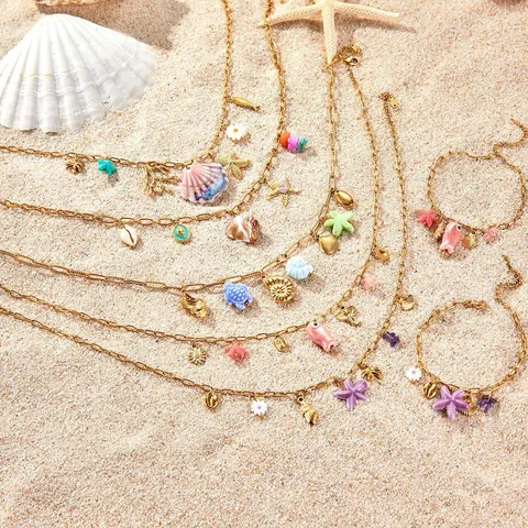 Collana in Acciaio Inossidabile Stile Oceano Placcata Oro 18K Ciondolo Stella Marina Conchiglia Perla Artificiale Strass Donna