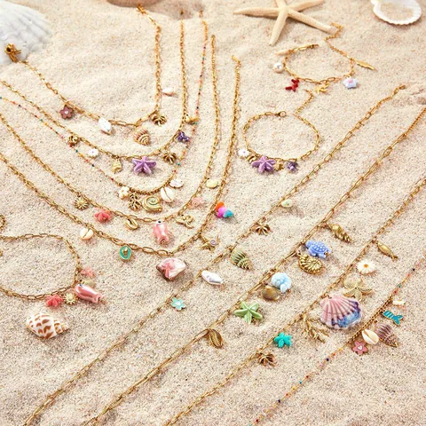 Collar con Colgante de Tema Marino de Acero Inoxidable Dorado Concha Estrella Pez Esmalte Colorida Cadena de Clavícula Joyería de Verano Mujer