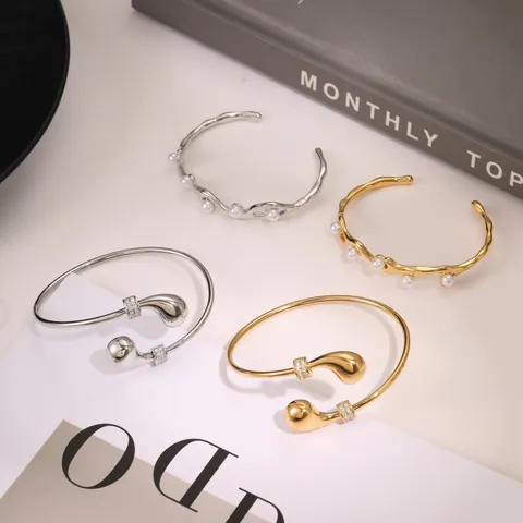 Fashion Stainless Steel Open Bangle For Women Gold Silver Rhinestone Waterdrop Wave Artificial Pearl Cuff Bracelet Jewelry