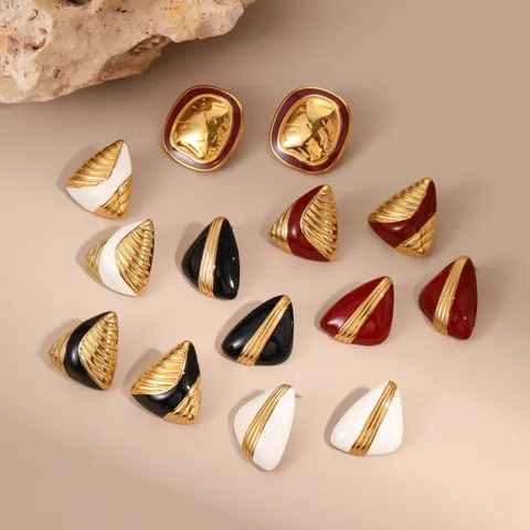 French Vintage Stainless Steel Geometric Earrings Gold Plated Enamel Triangle Square Personalized Fashion Jewelry For Women