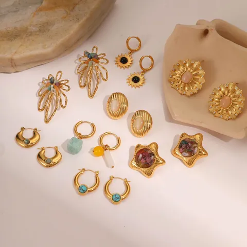 Orecchini a Bottone in Acciaio Inossidabile Placcato Oro 18K Vintage Pietra Naturale Donna Fiore Stella Gioielli