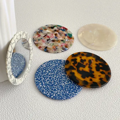 Specchio da Trucco Rotondo Portatile Mini in Acetato Vintage con Motivo Geometrico Marmo Leopardo Specchietto da Tasca
