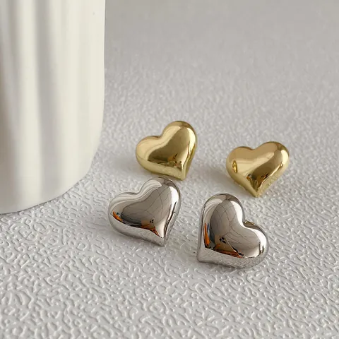Vintage Heart Stud Earrings With 925 Sterling Silver Earring Post Puffy Metal High Polish Minimalist Jewelry For Women