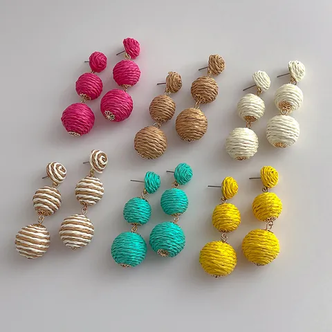 Handmade Raffia Woven 3 Layer Ball Drop Earrings For Women Summer Beach Vacation Jewelry With 925 Sterling Silver Earring Post