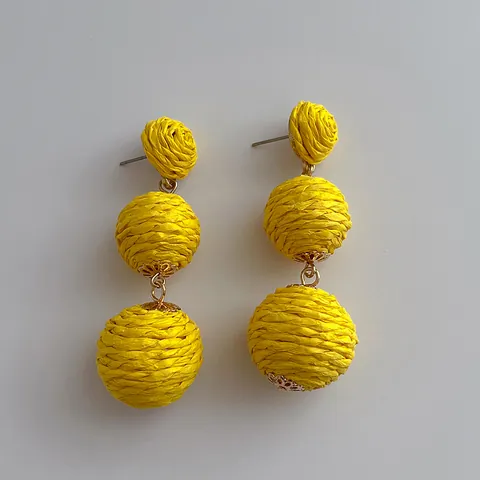 Handmade Raffia Woven 3 Layer Ball Drop Earrings For Women Summer Beach Vacation Jewelry With 925 Sterling Silver Earring Post