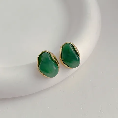 Orecchini a Bottone in Resina Vintage Francese Con Perno in Argento Sterling 925 Rame Placcato Oro Design Irregolare