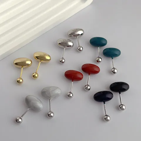 Minimalist Copper Enamel Bean Stud Earrings With 925 Sterling Silver Earring Post For Women Fashion Geometric Jewelry
