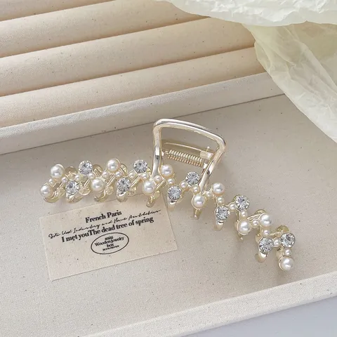 Franse Elegante Legering Verguld Haarklem Met Imitatieparel Zirconia Golfvormig Haaraccessoires Voor Vrouwen Feest Bruiloft