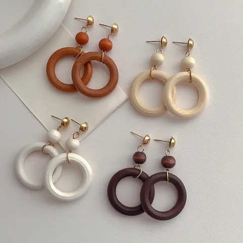 Retro Minimalist Geometric Wood Hoop Dangle Earrings For Women Bohemian Vintage Polished Wooden Round Drop Earrings Jewelry
