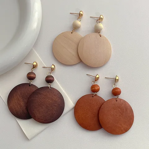 Bohemian Exaggerated Wooden Round Circle Drop Dangle Earrings For Women Fashion Vintage Natural Wood Grain Geometric Jewelry