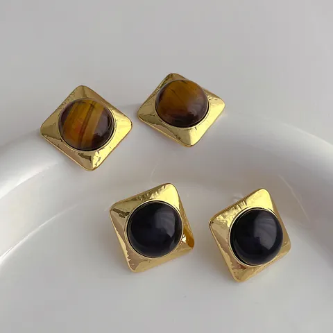 Vintage Geometric Square Copper Stud Earrings With Tiger Eye Stone Resin Real Gold Plated Hammered Texture Jewelry For Women