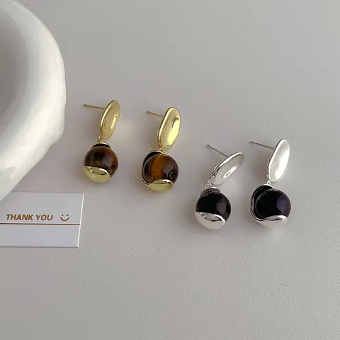 Vintage Geometric Copper Drop Earrings With Natural Tiger Eye Stone S925 Sterling Silver Earring Post Real Gold Plated For Women