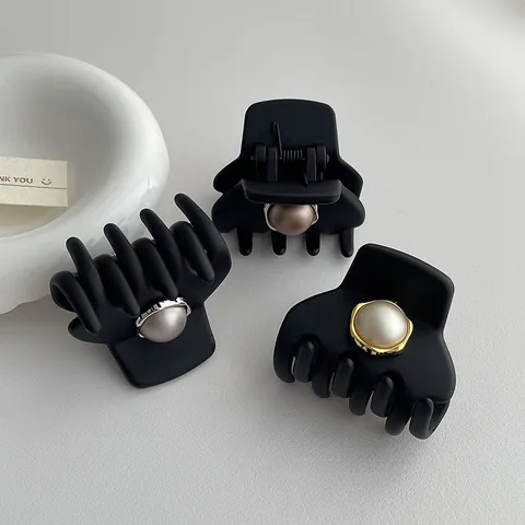 Matte Black High Ponytail Shark Clip With Faux Artificial Pearl Alloy Wave Border Acetate Hair Claw For Women Commute Daily Hair Accessory
