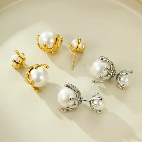Orecchini a Bottone in Perla Artificial Acciaio Inossidabile Vintage Francese Oro Argento Design a Due Vie Eleganti Gioielli da Donna