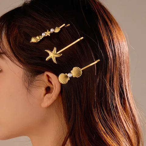 Pinzas para el Cabello de Acero Inoxidable Tema Marino Concha Estrella de Mar Oro Perla Artificial Diamante de Imitación para Mujer