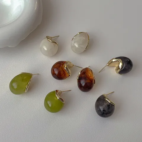 Orecchini a Bottone a Goccia d'Acqua in Resina Retrò Francese Con Perno in Argento Sterling 925 Bordi Dorati Gioielli Donna