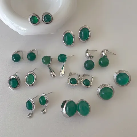 Vintage Nische Design Grüner Achat Kupfer Ohrringe Mit 925 Sterlingsilber Stift Geometrische Ohrstecker Hängeohrringe Für Damen Schmuck