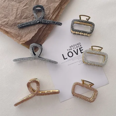 Geometric Resin Flow Sand Metal Hair Claw For Women Glitter Alloy Hair Clip Large Non-Slip Hair Catch Styling Accessories Gift