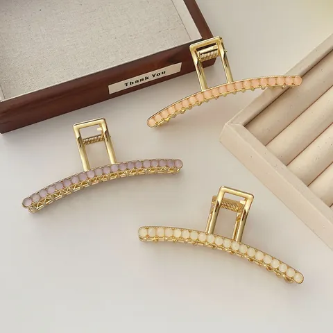 Korean Style Alloy Glass Beads Hair Claw Elegant Gold Plated Metal Hair Clip For Women Geometric Fashion Hair Accessory For Thick Hair