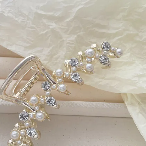 Franse Elegante Legering Verguld Haarklem Met Imitatieparel Zirconia Golfvormig Haaraccessoires Voor Vrouwen Feest Bruiloft