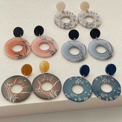 Neo-Chinesische Vintage Runde Acryl Ohrhänger Für Damen Orientalische Bambus Blumenmuster Ethnische Mode Schmuck