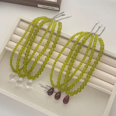 Französisches Vintage Olivgrün Naturstein Perlenkette Wassertropfen Anhänger Edelstahl Harz Halskette Für Damen Sommer Schmuck