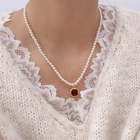 French Vintage Imitation Artificial Pearl Necklace Gold Plated Alloy Choker Deep Red Heart Square Oval Synthetic Stone Pendant Jewelry For Women
