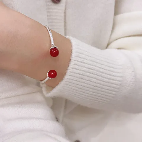 Minimalist Copper Alloy Open Bangle Ring Set With Red Black Agate Artificial Pearl Elegant Adjustable Jewelry For Women Daily Office