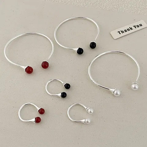 Minimalist Copper Alloy Open Bangle Ring Set With Red Black Agate Artificial Pearl Elegant Adjustable Jewelry For Women Daily Office