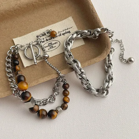 Retro Edelstahl Tigerauge Stein Doppelschichtiges Armband Für Damen Herren Vintage Industrieller OT Verschluss Kordelkette Schmuck