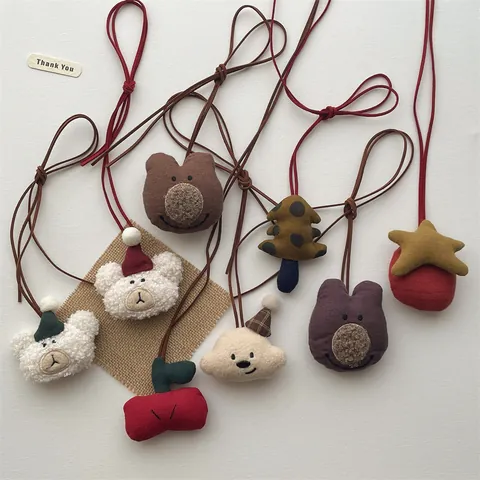 Handmade Korean Style Fabric Plush Bear Pendant Necklace Cartoon Animal Bag Charm Adjustable Long Cord Kids Women Jewelry Gift