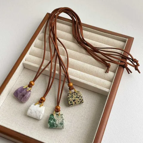 Vintage Natuursteen Mini Tas Hanger Halsketting Legering Verguld Lange Trui Ketting Houten Kralen Suède Koord Dames Sieraden