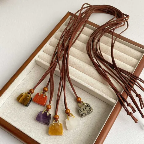 Natural Stone Tiger Eye Amethyst Mini Bag Pendant Necklace For Women Retro Mori Girl Wood Bead Suede Cord Long Sweater Chain