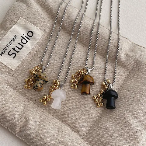 Bohemian Mushroom Pendant Necklace For Women Alloy Stone Texture Long Sweater Chain Silver Box Chain Jewelry Accessory