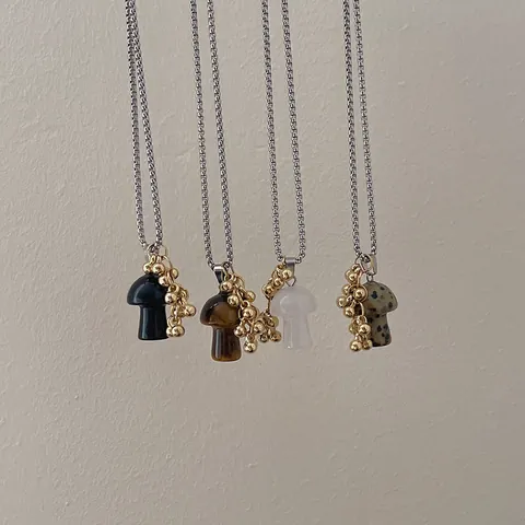 Bohemian Mushroom Pendant Necklace For Women Alloy Stone Texture Long Sweater Chain Silver Box Chain Jewelry Accessory