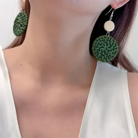 Bohemian Vintage Handmade Rattan Woven Drop Earrings For Women Ethnic Style Geometric Wood Bead Bamboo Straw Dangle Earrings