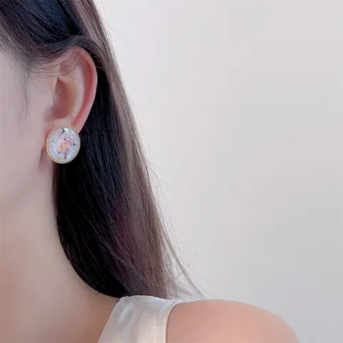 French Vintage Enamel Flower Stud Earrings With Resin Dried Flower Faux Pearl Scalloped Edge Alloy Earrings For Women