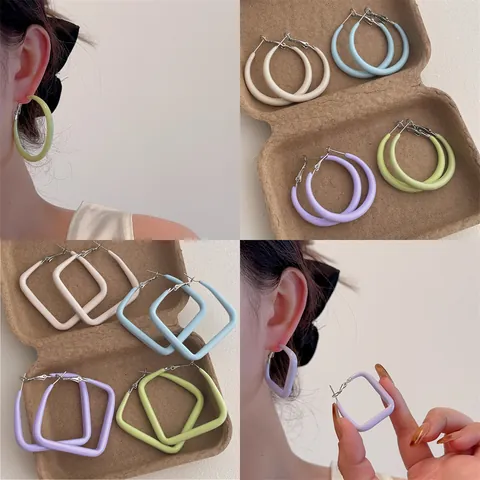 Minimalistische Geometrische Legierung Creolen Für Damen Macaron Bunte Quadratische Runde Lackierte Emaille Mode Schmuck Zubehör
