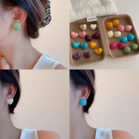 Süße Bonbonfarben Herz Quadrat Ohrstecker Einfache Acryl Harz Geometrische Ohrringe Für Damen Täglicher Mode Schmuck