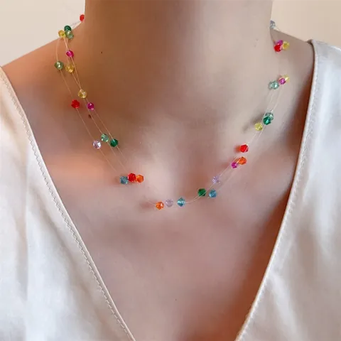Elegante Collar de Varias Capas Con Cuentas de Cristal Artificial de Colores Para Mujer Cadena de Clavícula Minimalista Joyería