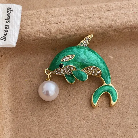 Linda Broche de Delfín de Esmalte Verde Con Perla Artificial de Imitación Strass Broche de Animal de Aleación Joyería para Mujer