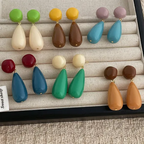 Vintage Acrylic Color Blocking Teardrop Drop Earrings For Women Minimalist Geometric Alloy Dangle Earrings Elegant Chic