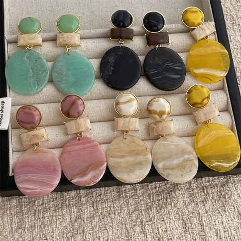 Geometrische Runde Acryl Harz Ohrhänger Marmor Textur Bonbonfarben Retro Klobige Ohrringe Für Damen Statement Schmuck Geschenk