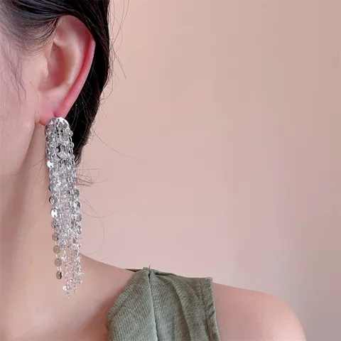 Elegantes Pendientes de Borla Larga de Aleación de Cristal Artificial Moda Lentejuelas Pendientes Colgantes Geométricos para Mujer Boda Joyería