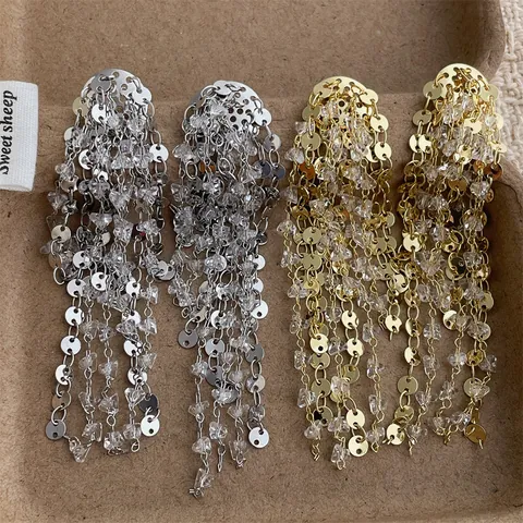 Elegantes Pendientes de Borla Larga de Aleación de Cristal Artificial Moda Lentejuelas Pendientes Colgantes Geométricos para Mujer Boda Joyería