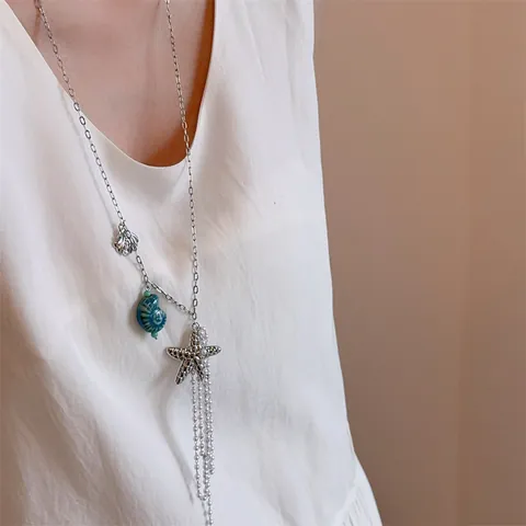 Ocean Theme Starfish Shell Tassel Necklace For Women Summer Beach Resort Style Titanium Steel Alloy Long Chain Jewelry Accessory