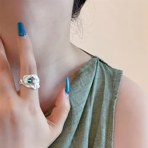 Vintage Irregular Lava Texture Alloy Open Ring For Women Green Zirconia Artificial Pearl Square Black Gemstone Retro Luxury Finger Ring Accessory