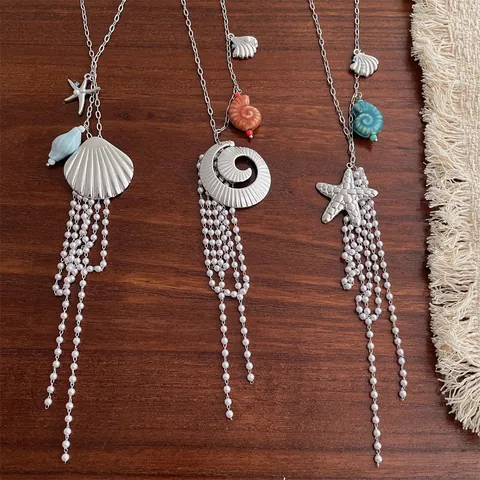 Ocean Theme Starfish Shell Tassel Necklace For Women Summer Beach Resort Style Titanium Steel Alloy Long Chain Jewelry Accessory