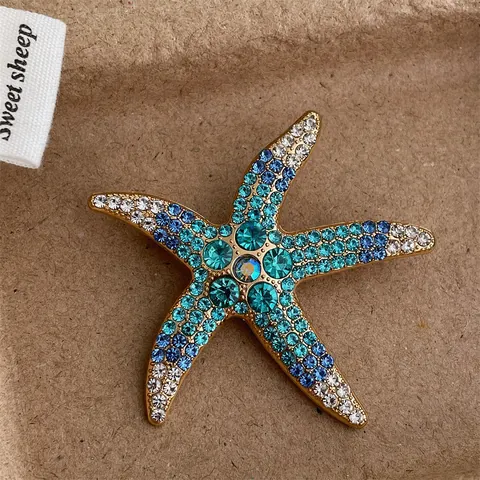 Spilla a Forma di Stella Marina Vintage in Oro per Uomo e Donna Con Strass Sfumati Blu Marrone Accessorio Gioielli Marini